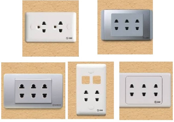 Các loại ổ điện âm tường phổ biến, minh họa sự đa dạng về thiết kế và kích thước