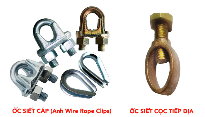 Ốc siết cáp điện bằng kim loại và cọc tiếp địa