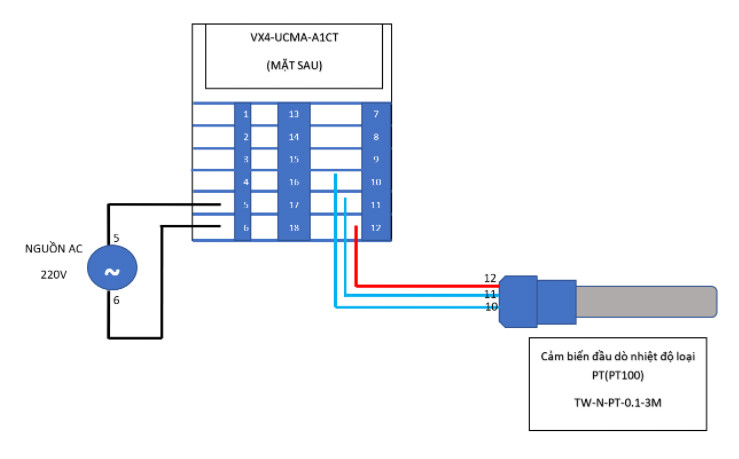 Sơ đồ chi tiết cách đấu dây cho bộ điều khiển nhiệt độ sử dụng cảm biến PT100