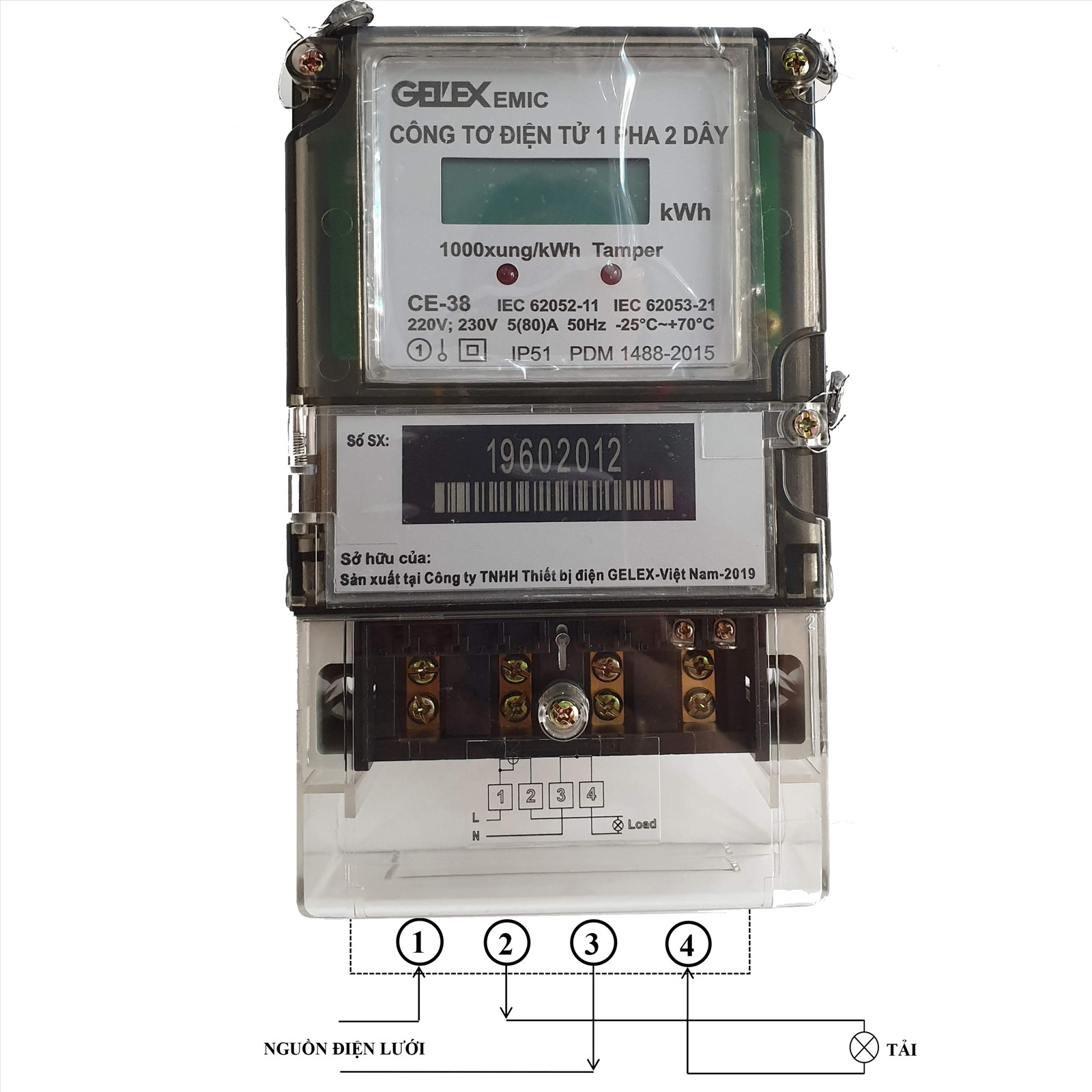Sơ đồ đấu dây chi tiết cho công tơ điện tử 1 pha 2 dây Emic CE-38