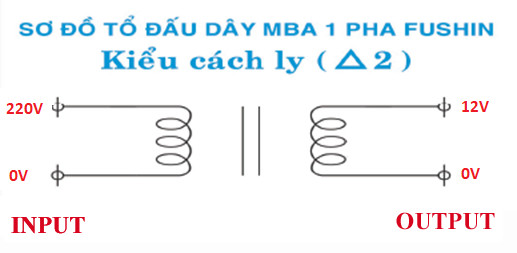 Sơ đồ nguyên lý đấu dây biến áp cách ly 1 pha Fushin 220V ra 12V