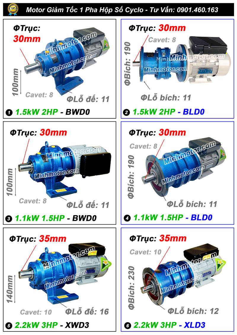 Các kích thước phổ biến của mô tơ giảm tốc 1 pha hộp số Cyclo, hiệu suất cao