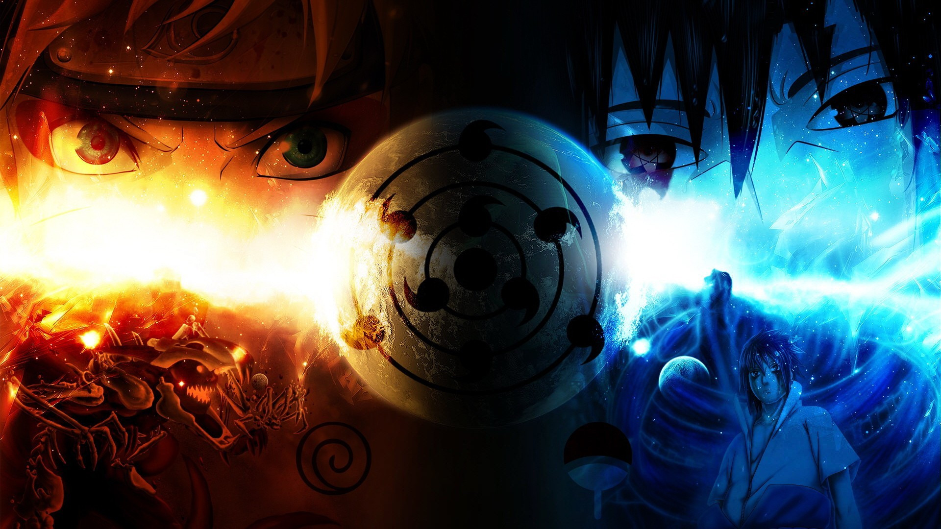 Naruto và Sasuke với ánh mắt kiên định, chuẩn bị chiến đấu