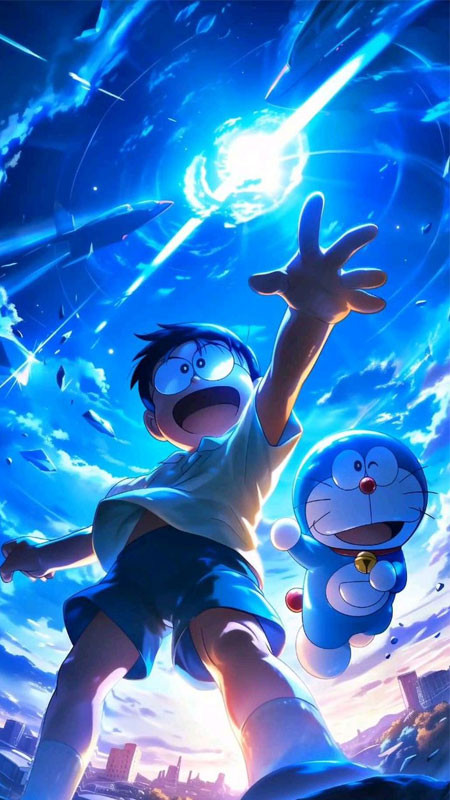 Doremon và Nobita nắm tay nhau trên một con đường đầy nắng