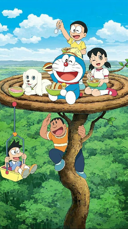 Doremon và Nobita cùng nhau ngồi trên ghế đá