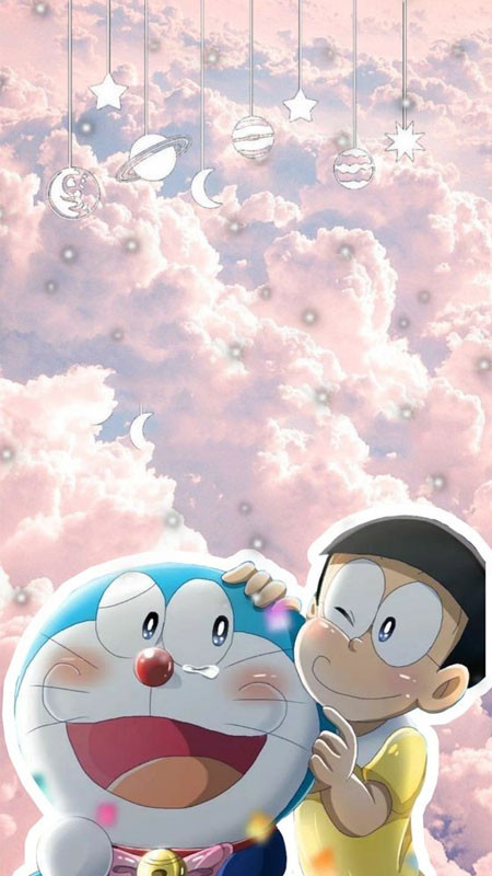 Doremon và Nobita đang vui vẻ ăn bánh rán