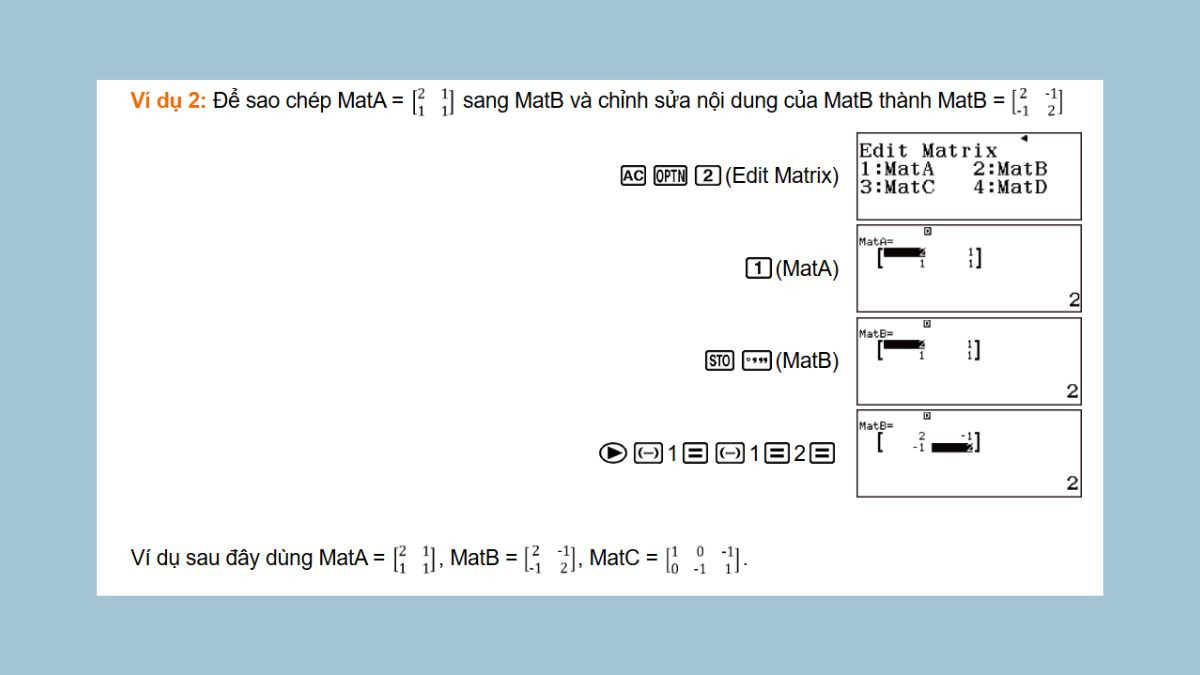 Ví dụ minh họa cách sao chép một ma trận từ MatA sang MatB trên Casio FX 580VN