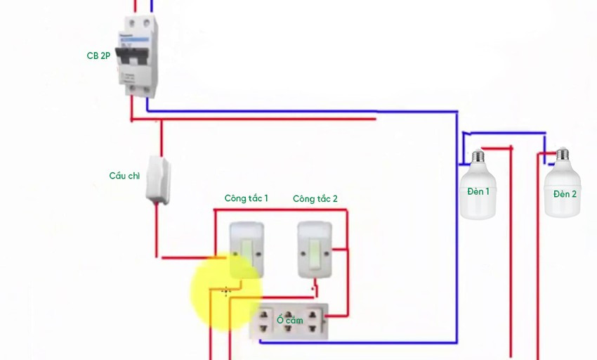 Sơ đồ chi tiết cách đấu điện cho 2 công tắc và 1 ổ cắm an toàn
