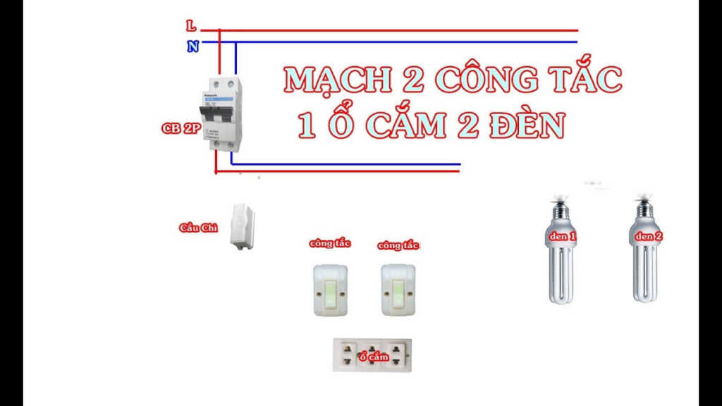 Hình ảnh minh họa các bước đấu nối bảng điện với 2 công tắc và 1 ổ cắm chi tiết