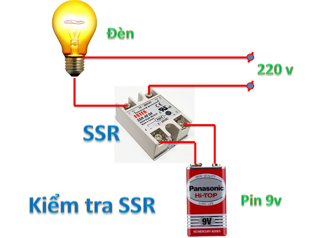 Sơ đồ kiểm tra hoạt động của SSR bằng pin và bóng đèn