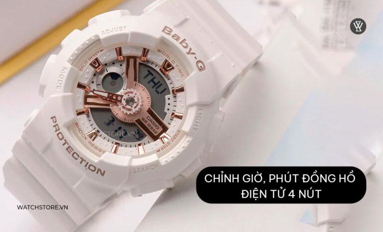Hình ảnh đồng hồ điện tử 4 nút đang hiển thị giờ và phút, minh họa cách chỉnh giờ đồng hồ điện tử