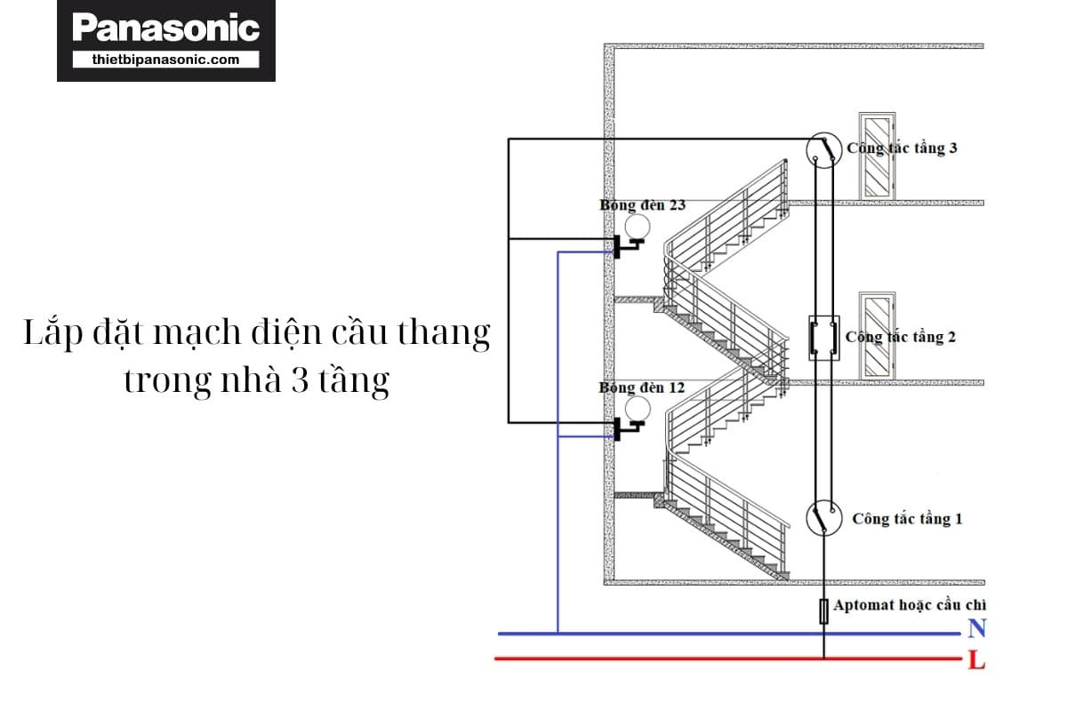 Sơ đồ lắp đặt điện cầu thang cho nhà 3 tầng