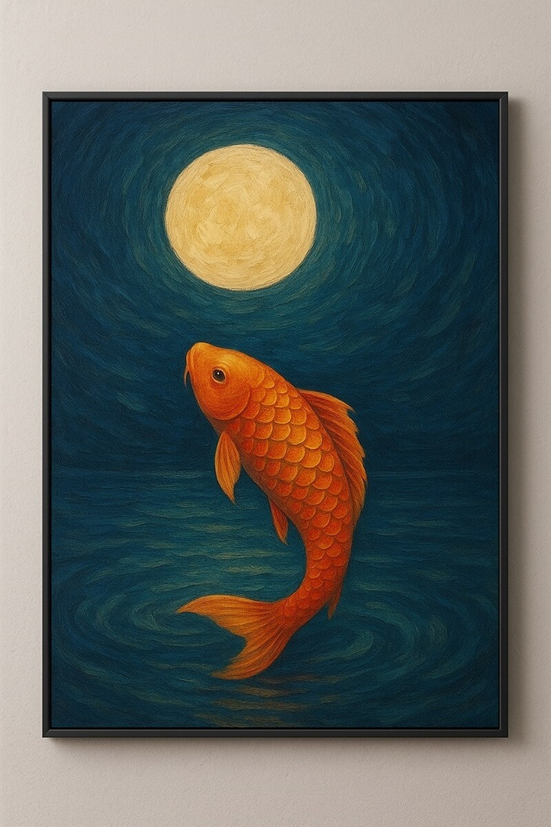 Bức tranh cá chép trông trăng với gam màu xanh dương và trắng chủ đạo, mang lại cảm giác tĩnh tại và sâu lắng cho không gian.