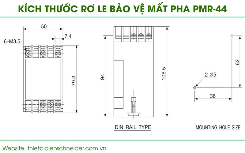 Bản vẽ kích thước chi tiết của rơ le bảo vệ mất pha PMR-440N7 của Schneider