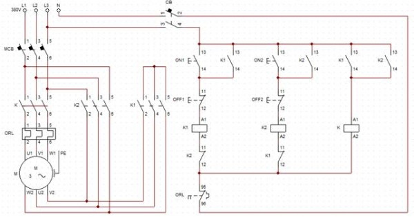 Mạch khởi động sao tam giác điều khiển thủ công với nút nhấn ON/OFF