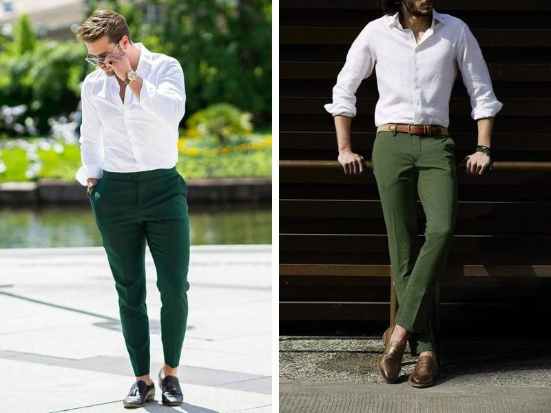Hình ảnh phối đồ màu trắng và xanh lục đậm, mang đến vẻ trẻ trung và tươi mới