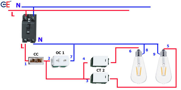 Sơ đồ đấu nối chi tiết 2 công tắc và 1 ổ cắm Panasonic