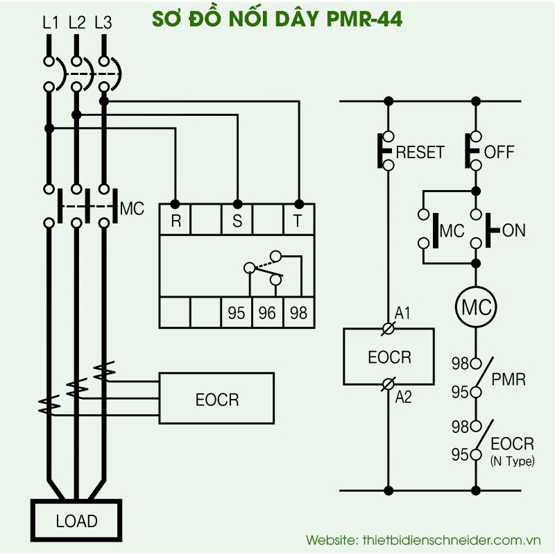 Sơ đồ đấu nối dây điện chi tiết cho bộ chống mất pha PMR-440N7 của Schneider Electric