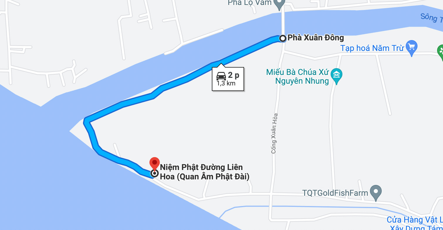 Bản đồ chỉ đường đến tượng Mẹ Nam Hải Tiền Giang từ Phà Lộ Vàm Xuân Đông