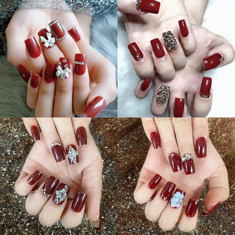 Các mẫu nail đỏ đính đá sang chảnh