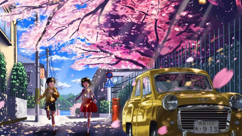 Cảnh anime lãng mạn với những cây đào nở rộ bên bờ sông