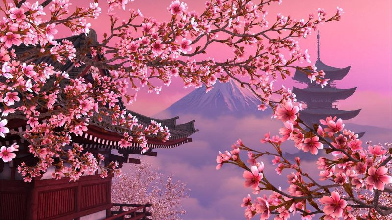 Thiếu nữ mặc kimono đứng dưới tán đào anime, mang đậm nét văn hóa Nhật Bản