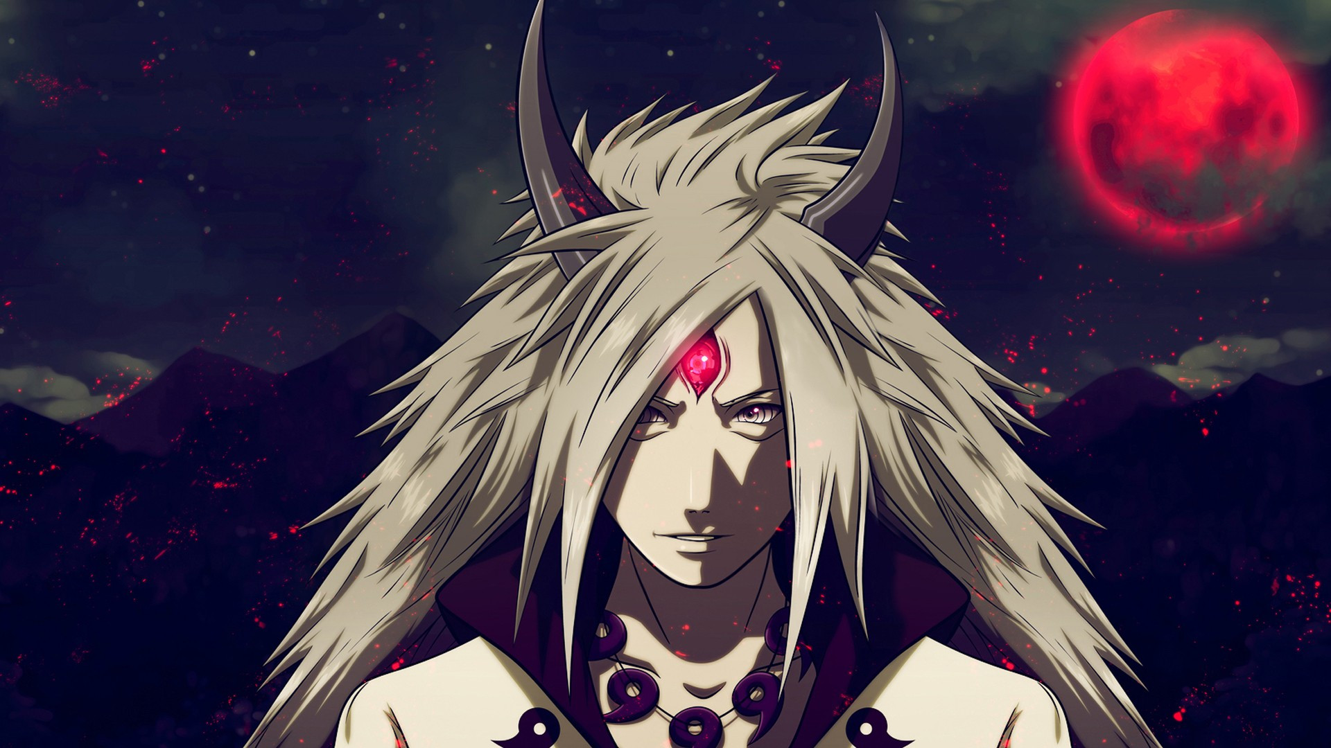 Madara Uchiha trong biểu cảm nghiêm nghị, ánh mắt sâu thẳm thể hiện sự nguy hiểm tiềm tàng