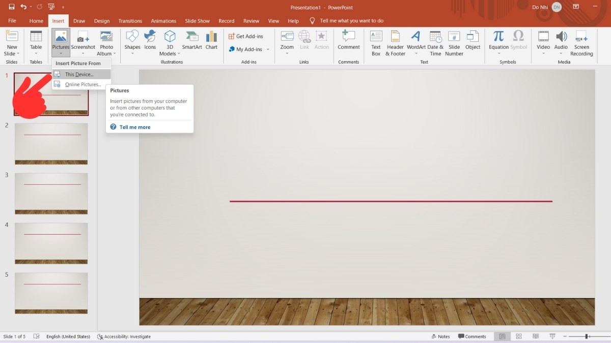 Bước 1: Cách chèn ảnh vào Powerpoint với ảnh có sẵn trên máy với vị trí bất kỳ