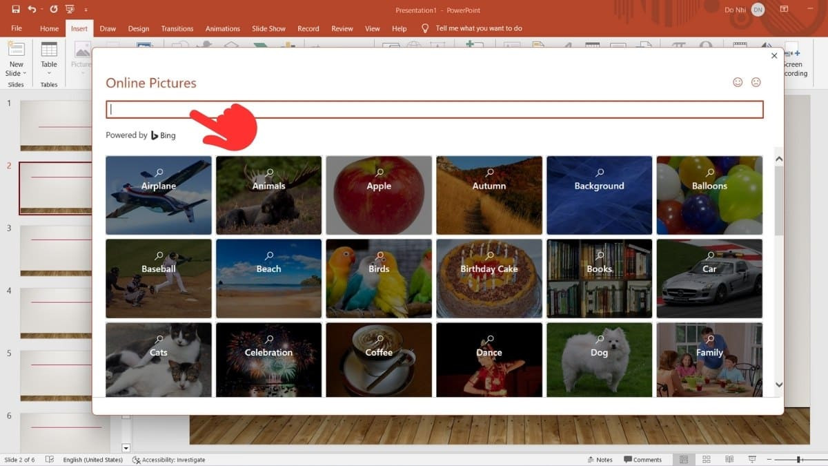 Bước 2: Cách chèn ảnh trực tuyến vào Powerpoint