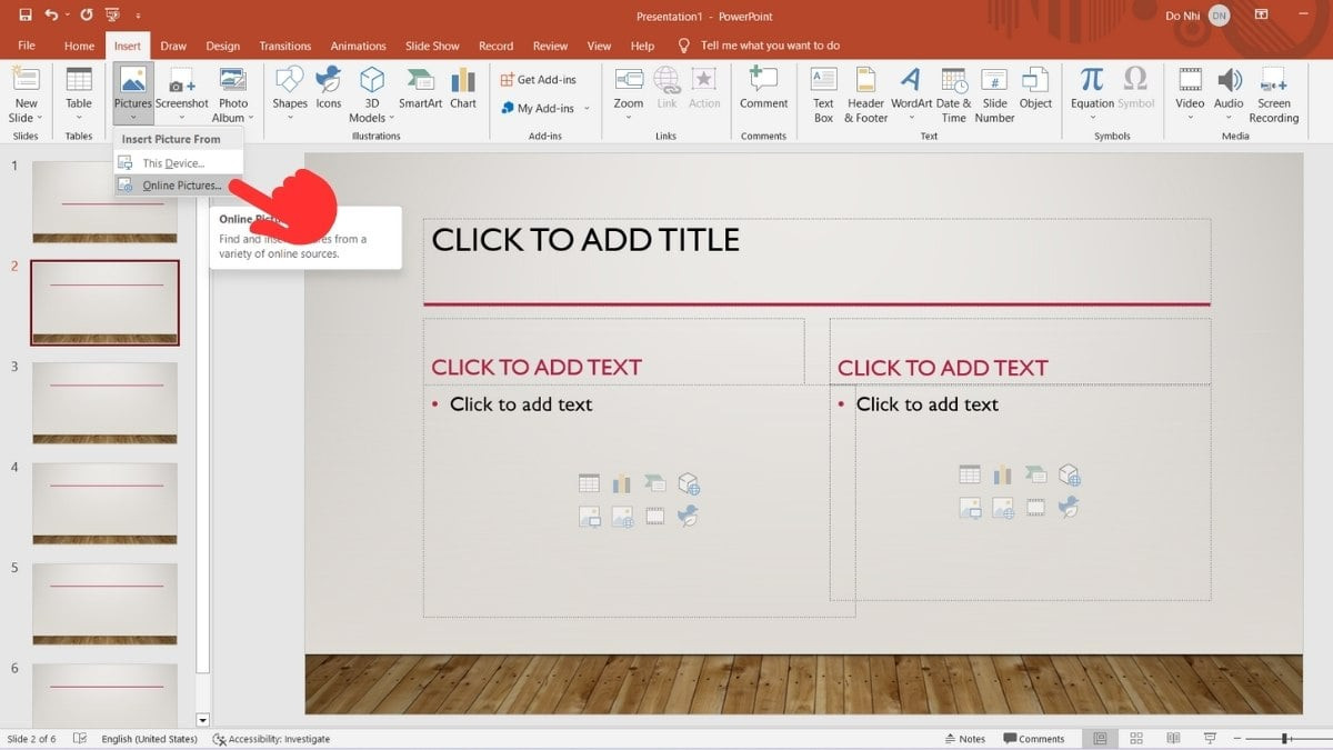 Bước 1: Cách chèn ảnh trực tuyến vào Powerpoint
