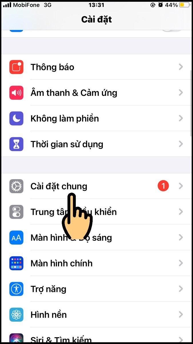 Màn hình cài đặt chung trên iPhone