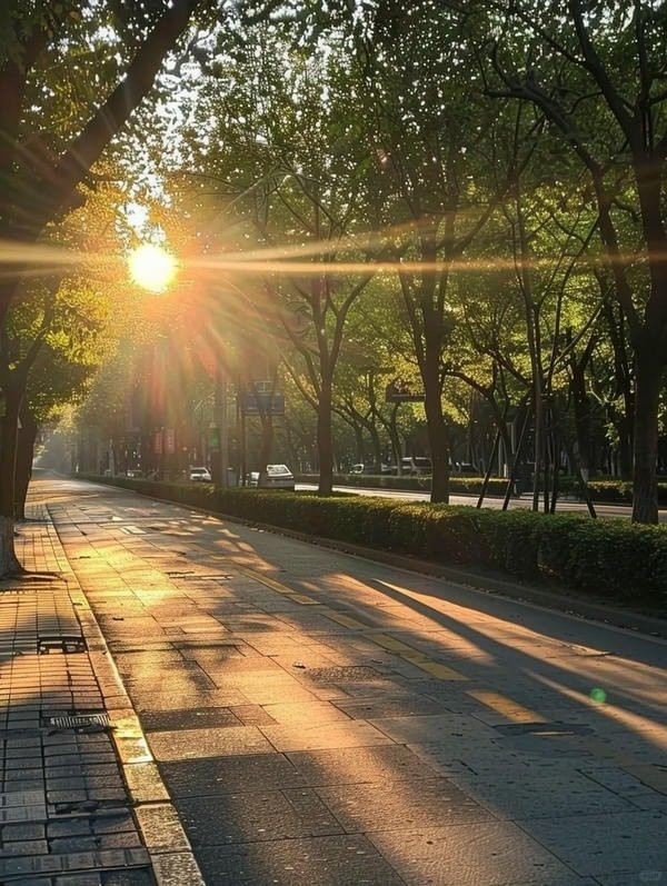 Đường phố yên tĩnh dưới ánh đèn vàng vào buổi tối