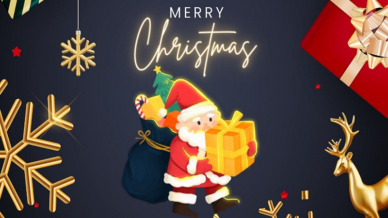 Hình minh họa ông già Noel và tuần lộc đang vui vẻ chào đón Giáng Sinh