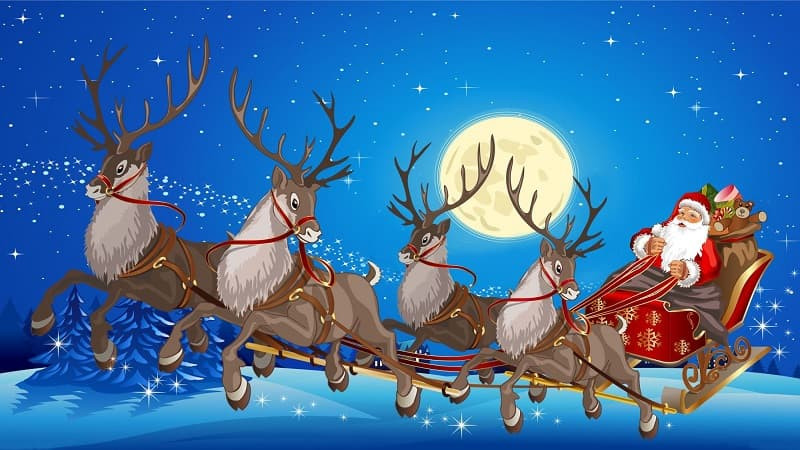 Ông già Noel và tuần lộc bay trên bầu trời đầy sao, mang quà Giáng Sinh