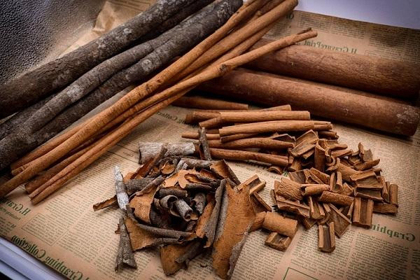 Vỏ quế khô cuộn tròn và bột quế vàng óng, thể hiện đa dạng công dụng trong đời sống