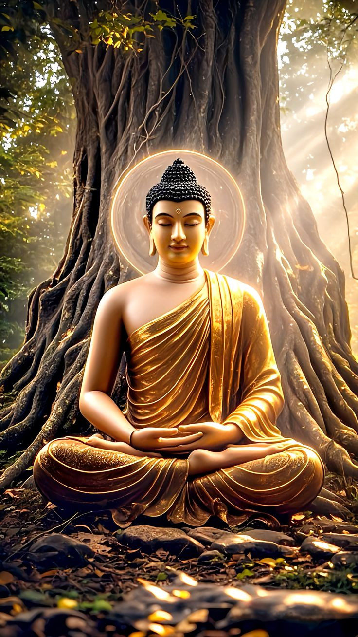 Phật Thích Ca Mâu Ni ngồi thiền định dưới gốc cây Bồ Đề, phía xa là ngọn núi linh thiêng