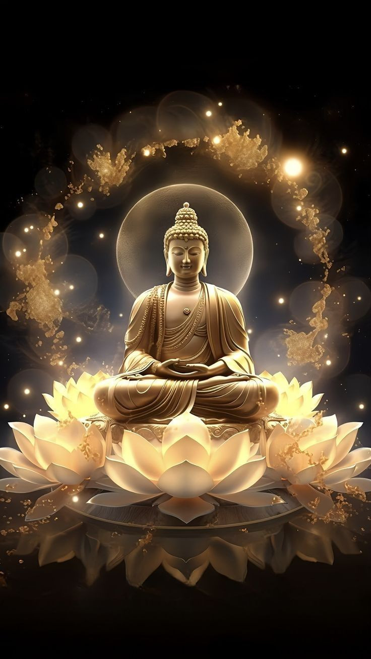 Hình ảnh Phật ngồi thiền trên đài sen, với ánh sáng mặt trời chiếu rọi từ phía sau tạo nên vẻ uy nghi, thanh tịnh