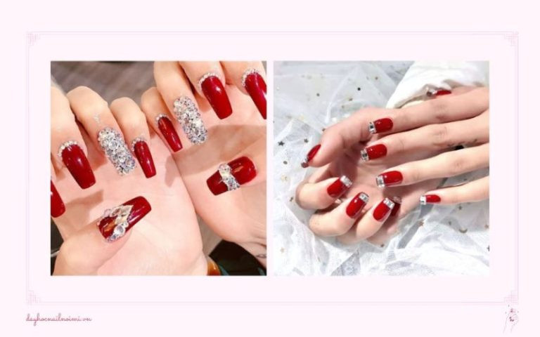 Mẫu móng đỏ cherry gắn đá có một không hai