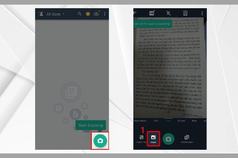 Giao diện CamScanner với tùy chọn "Import" để chọn ảnh từ thư viện