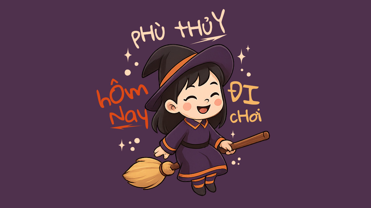 Quả bí ngô chibi đội mũ phù thủy màu tím đáng yêu, tươi cười trong đêm Halloween