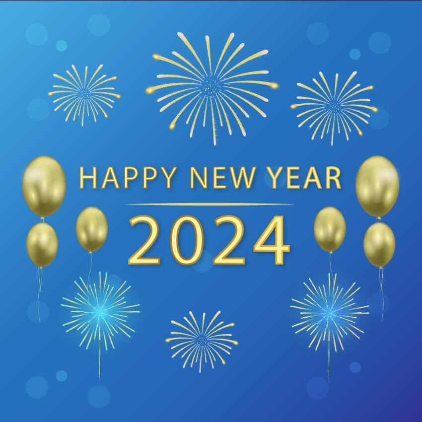 Pháo hoa xanh da trời tạo chữ Happy New Year 2024
