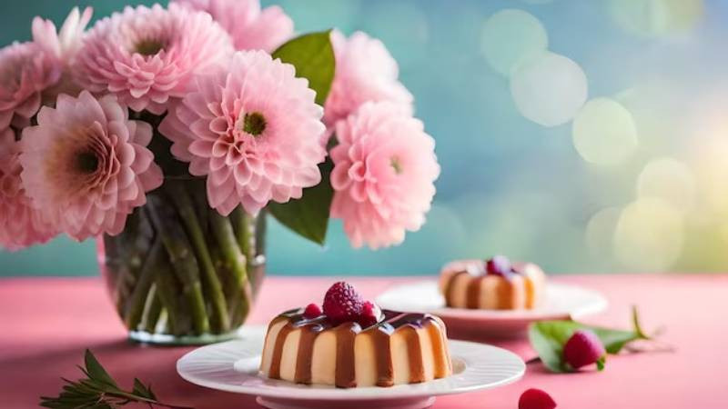 Hình ảnh AI bánh sinh nhật và hoa tươi trong không gian mơ màng