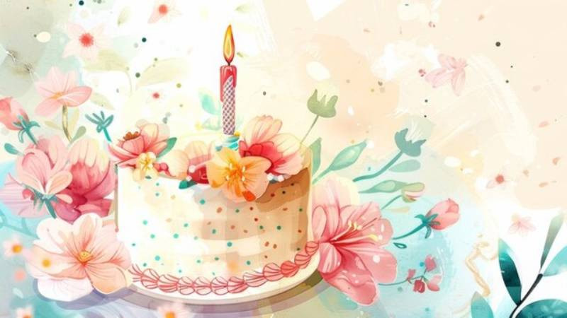 Bánh sinh nhật và hoa vẽ tay trên nền giấy trắng tinh khôi