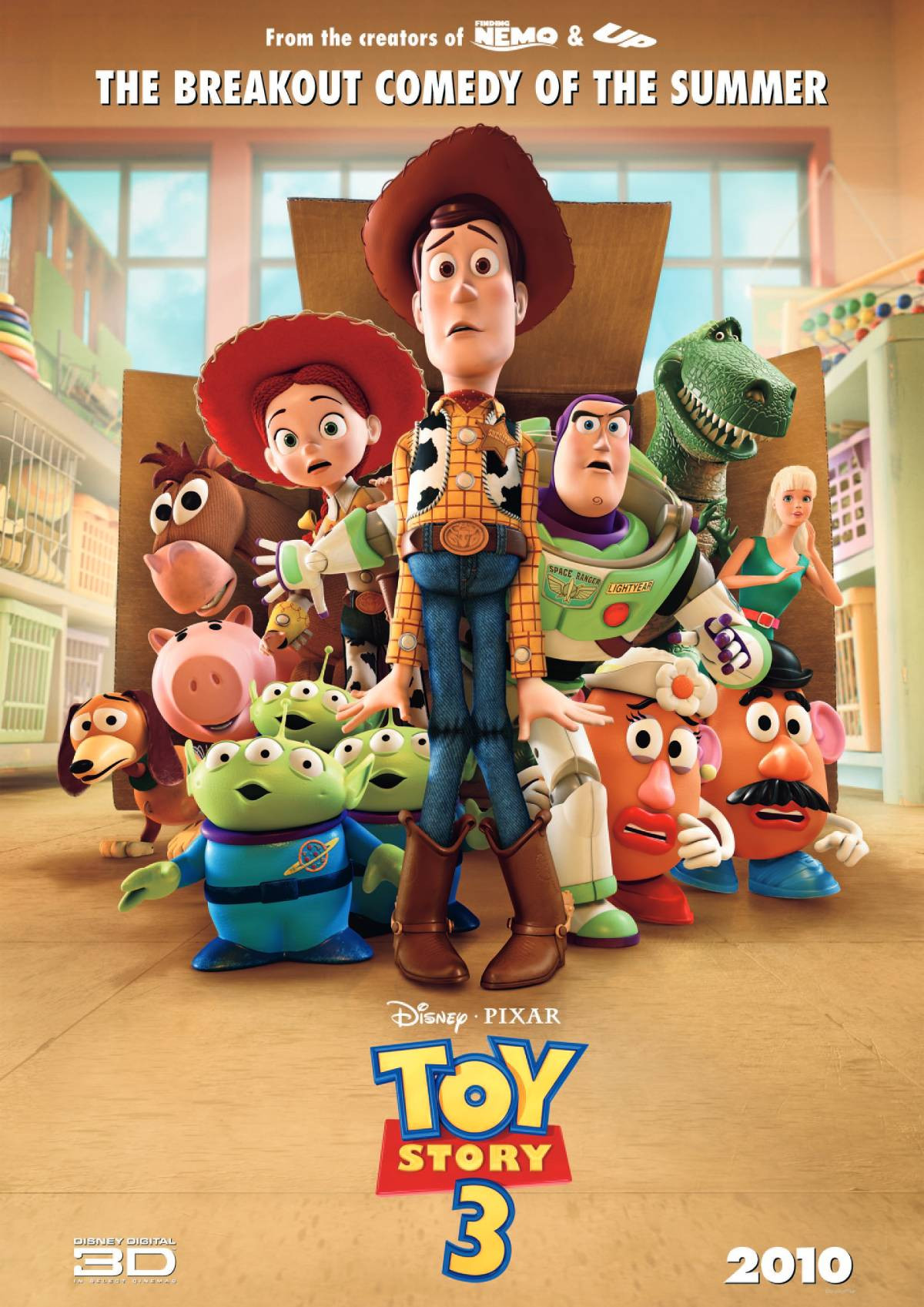 Mô tả hình ảnh các nhân vật hoạt hình trong phim Toy Story 3 đang nắm tay nhau trên băng chuyền