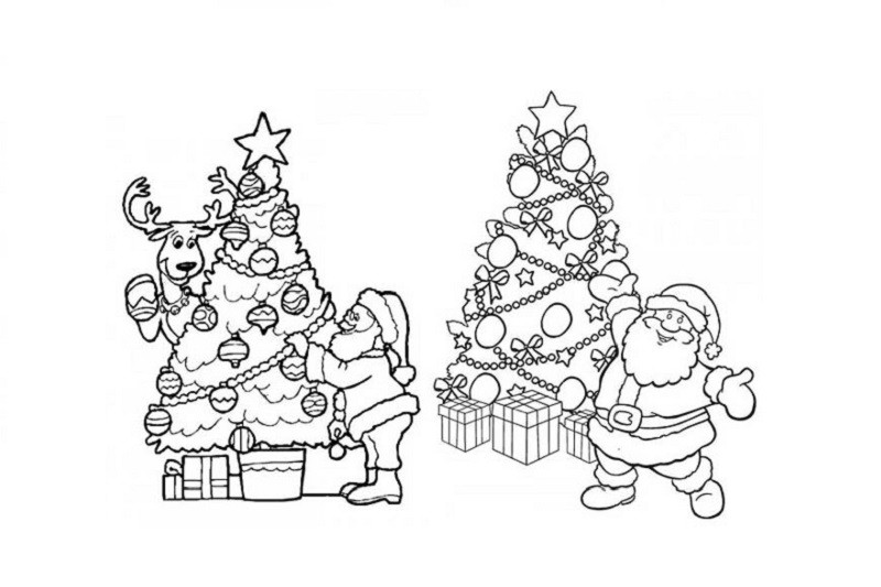 Tranh tô màu cây thông Noel với ông già Noel và tuần lộc