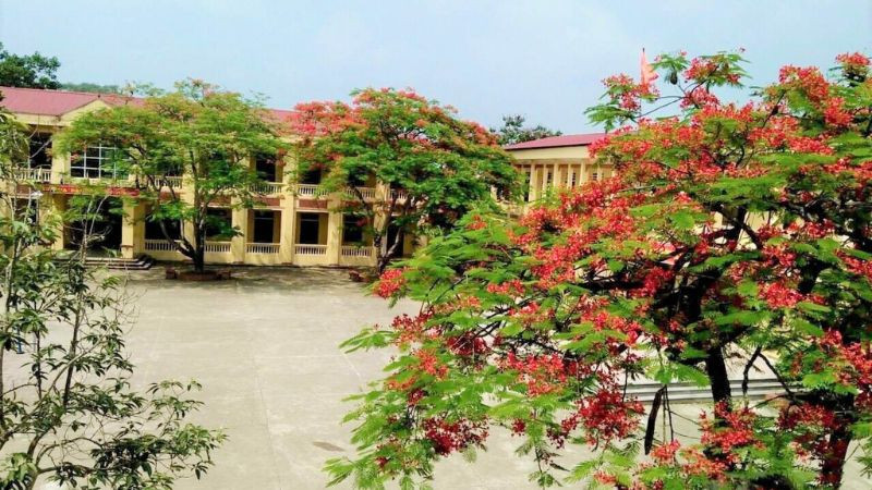 Hình ảnh một ngôi trường hiện đại với sân trường rộng và các dãy nhà cao tầng