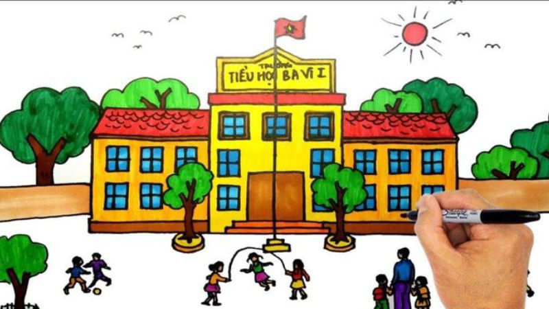 Trường học được vẽ với cổng và cây xanh tươi tắn