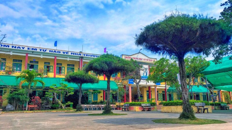 Con đường vào trường học hai bên là cây xanh mát rượi