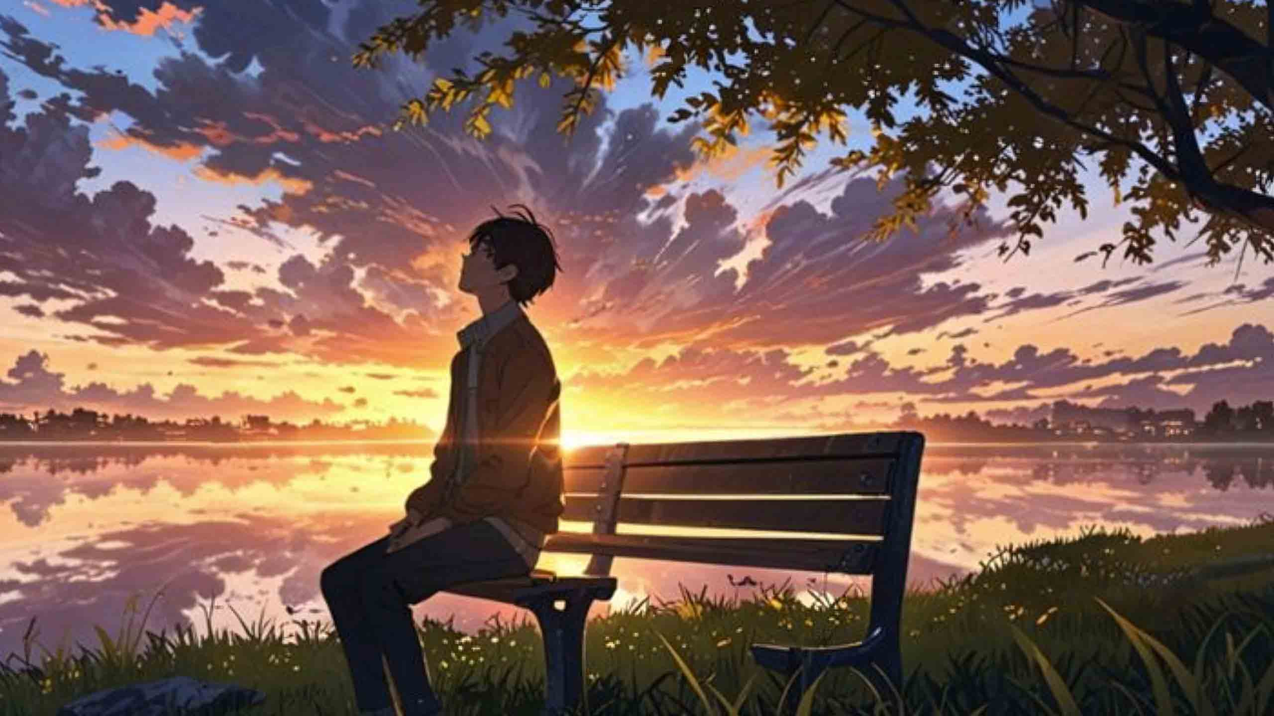 Nhân vật anime ngồi một mình trên ghế dài, trong khung cảnh buồn bã