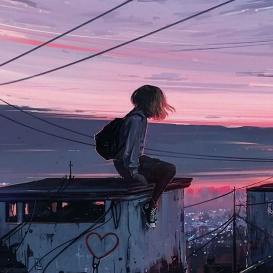 Cô gái hoạt hình buồn bã với mái tóc dài, ngồi lặng lẽ bên cửa sổ